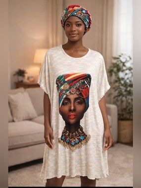 African Print Women House Dress Oversized Nightgown Tribal Loungewear Loose Fit.